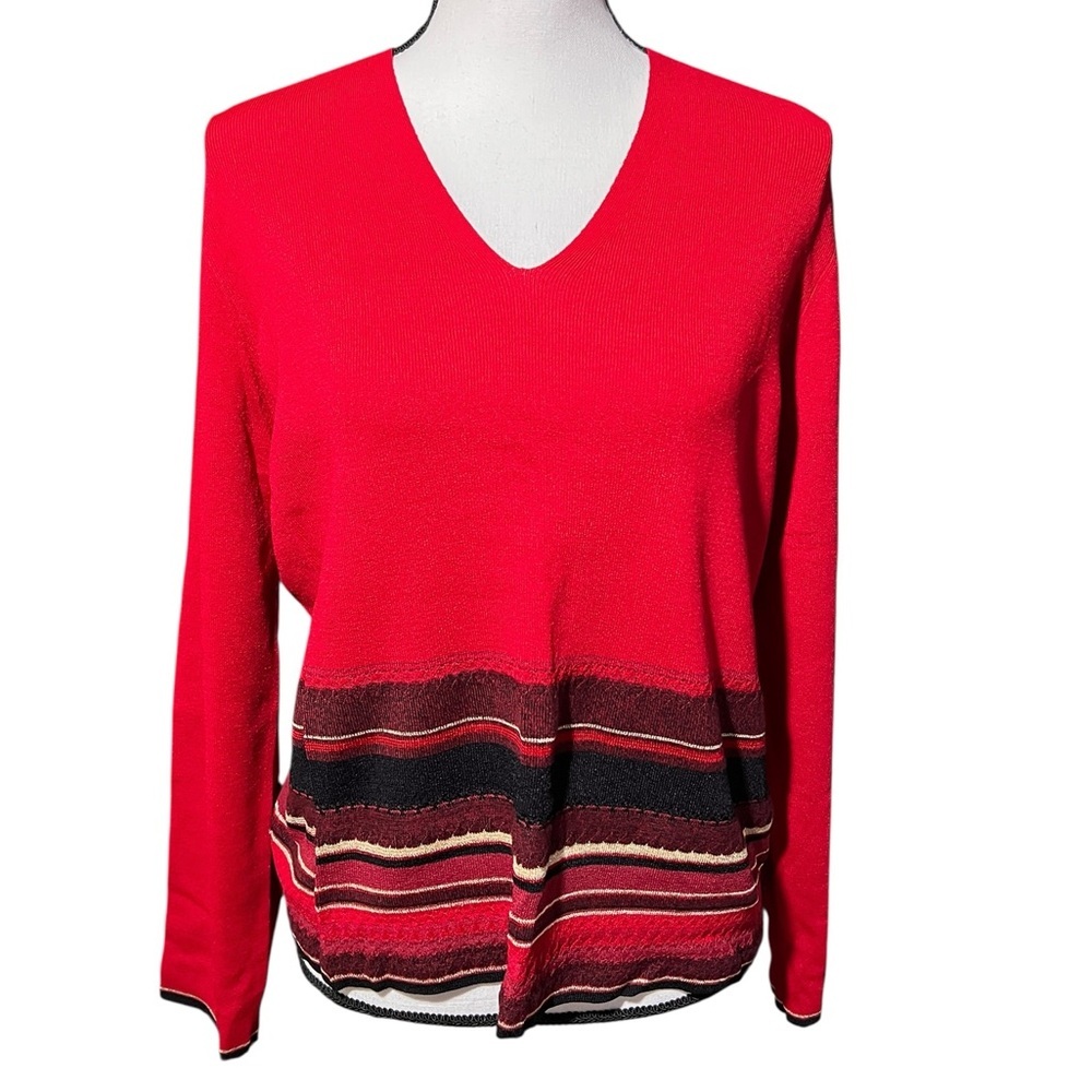 Emma James Red, Black, and Gold Striped V-Neck Sweater, size XL